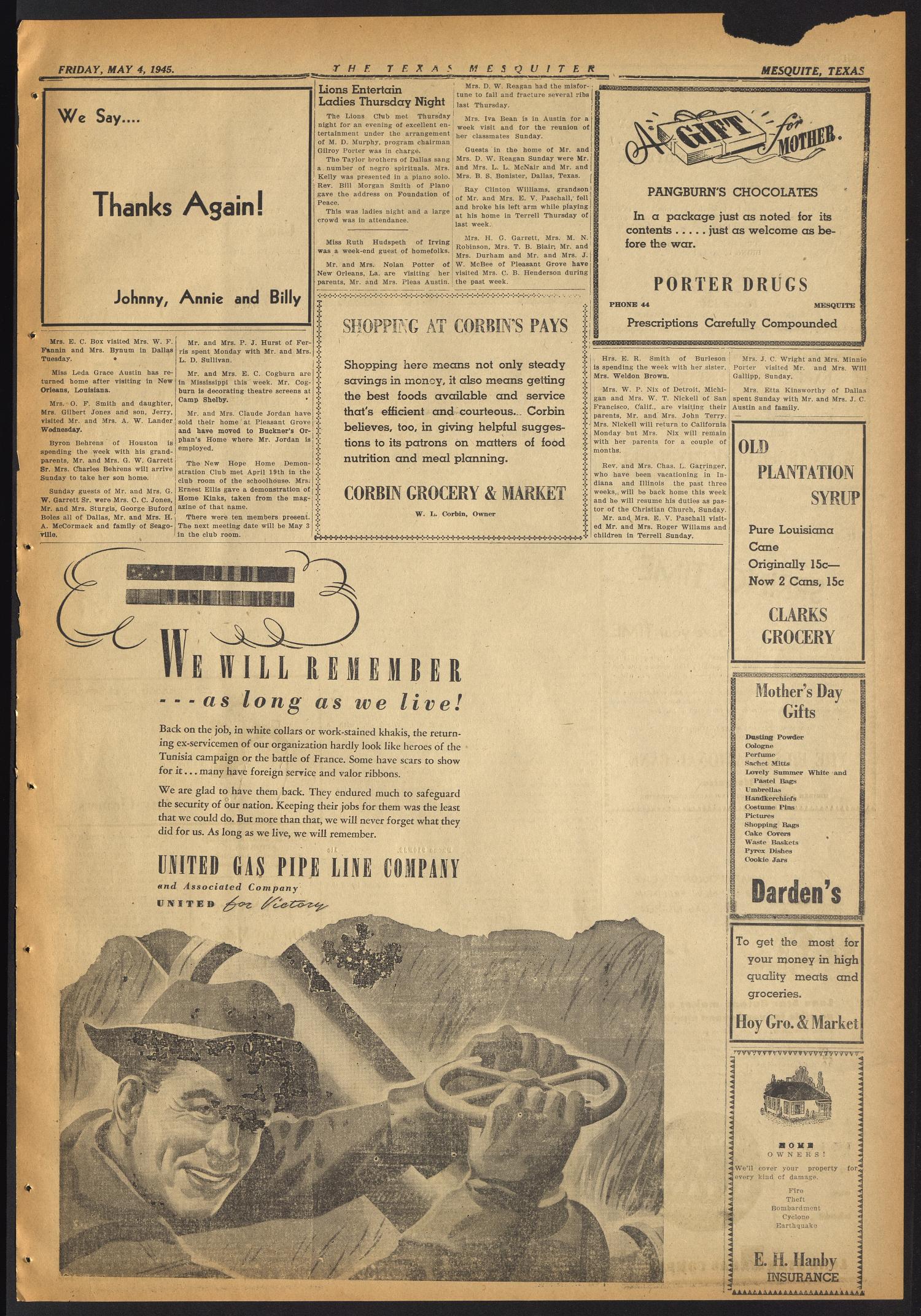The Texas Mesquiter (Mesquite, Tex.), Vol. [63], No. 47, Ed. 1 Friday, May 4, 1945
                                                
                                                    [Sequence #]: 3 of 4
                                                