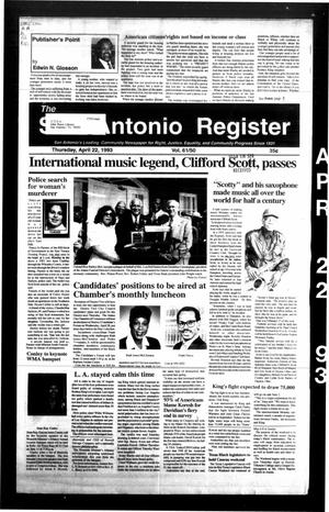 Primary view of object titled 'The San Antonio Register (San Antonio, Tex.), Vol. 61, No. 50, Ed. 1 Thursday, April 22, 1993'.