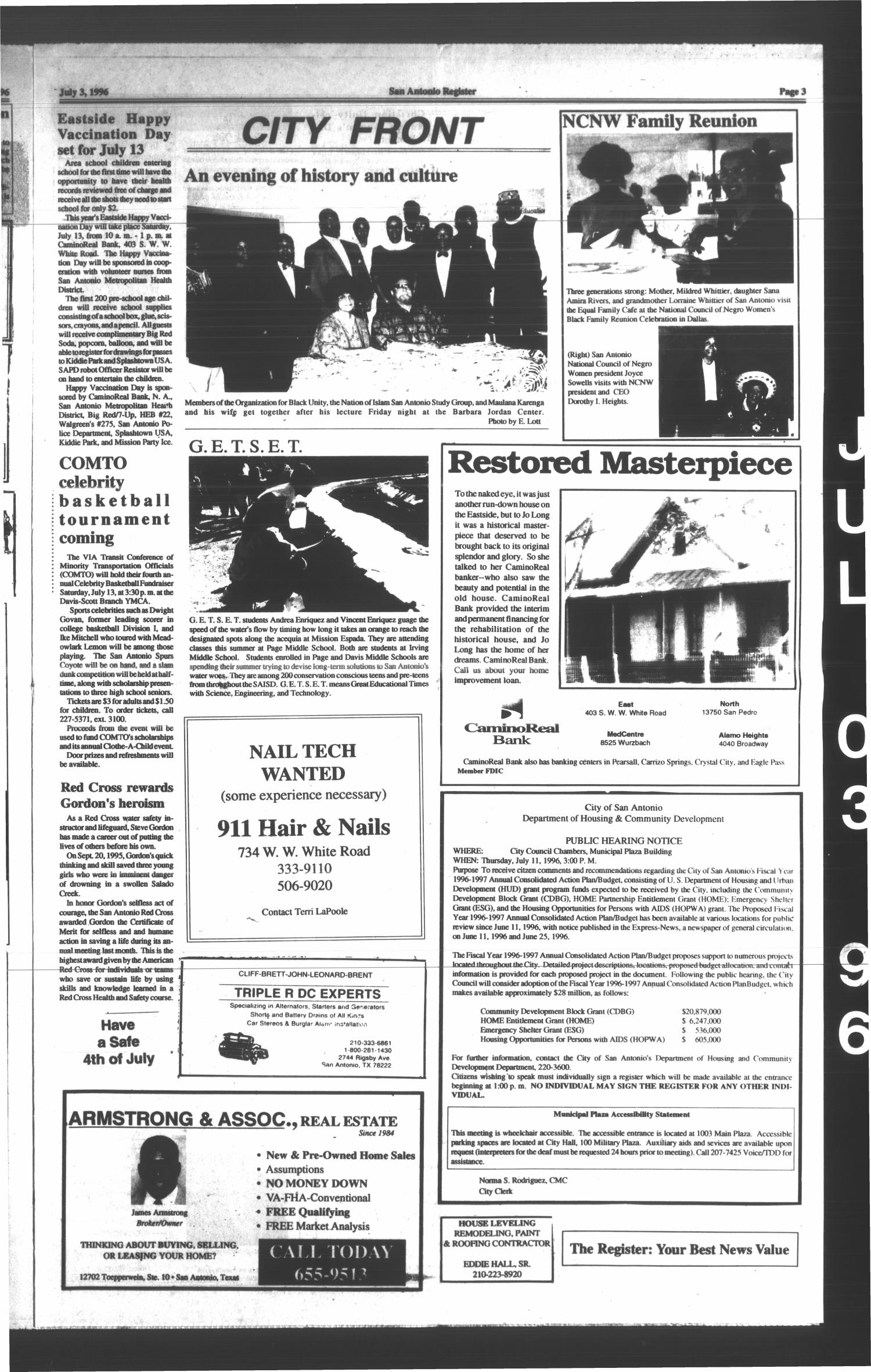 San Antonio Register (San Antonio, Tex.), Vol. 65, No. 3, Ed. 1 Wednesday, July 3, 1996
                                                
                                                    [Sequence #]: 3 of 8
                                                