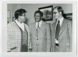 Primary view of object titled 'Barbara Jordan, Fred D. Gray, and Darryl Hardin Meeting in an Office]'.