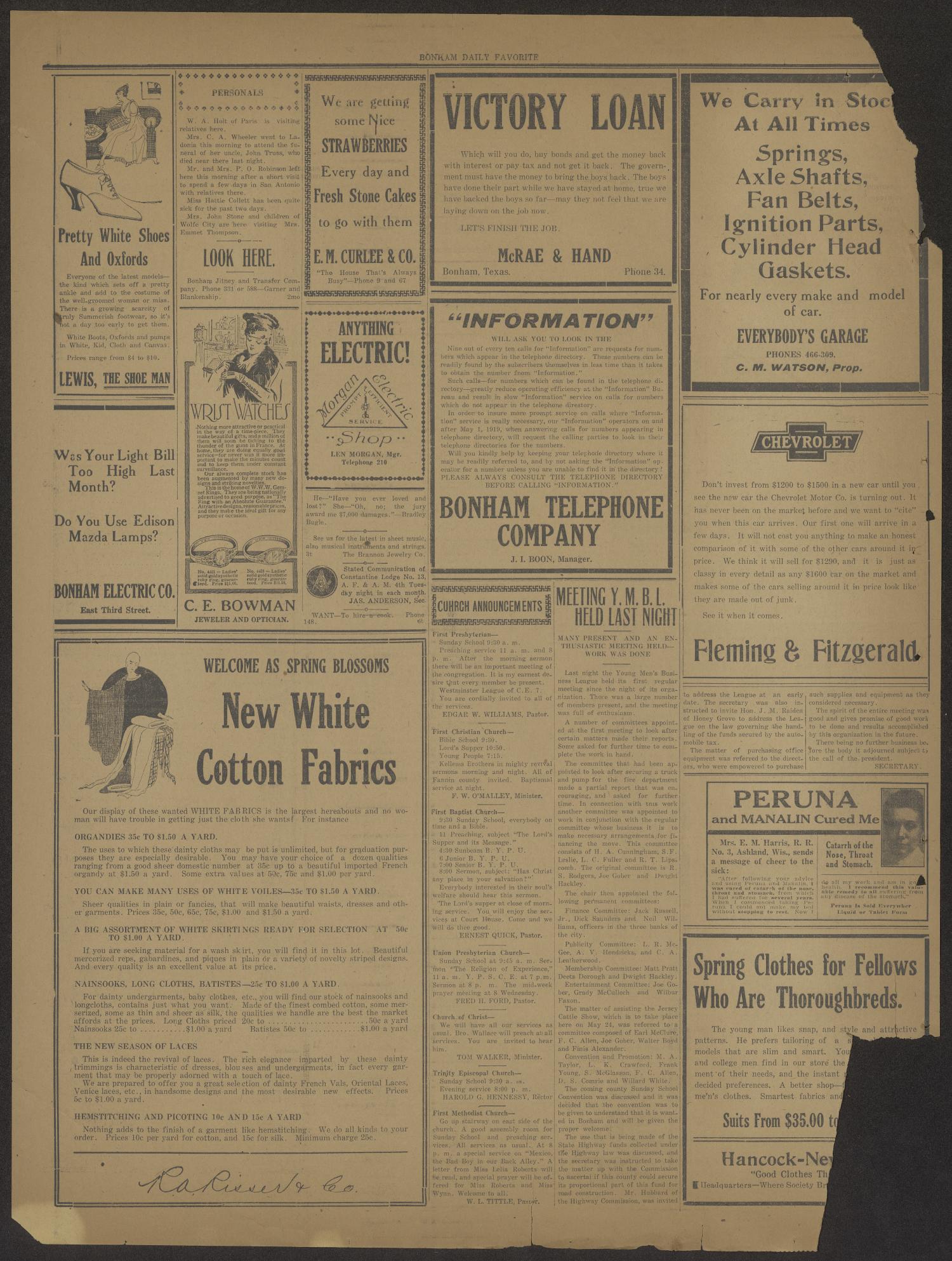 The Bonham Daily Favorite (Bonham, Tex.), Vol. 21, No. 236, Ed. 1 Saturday, May 3, 1919
                                                
                                                    [Sequence #]: 4 of 4
                                                