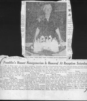 Primary view of object titled '[Newspaper clipping about Mrs. J. Fisher]'.