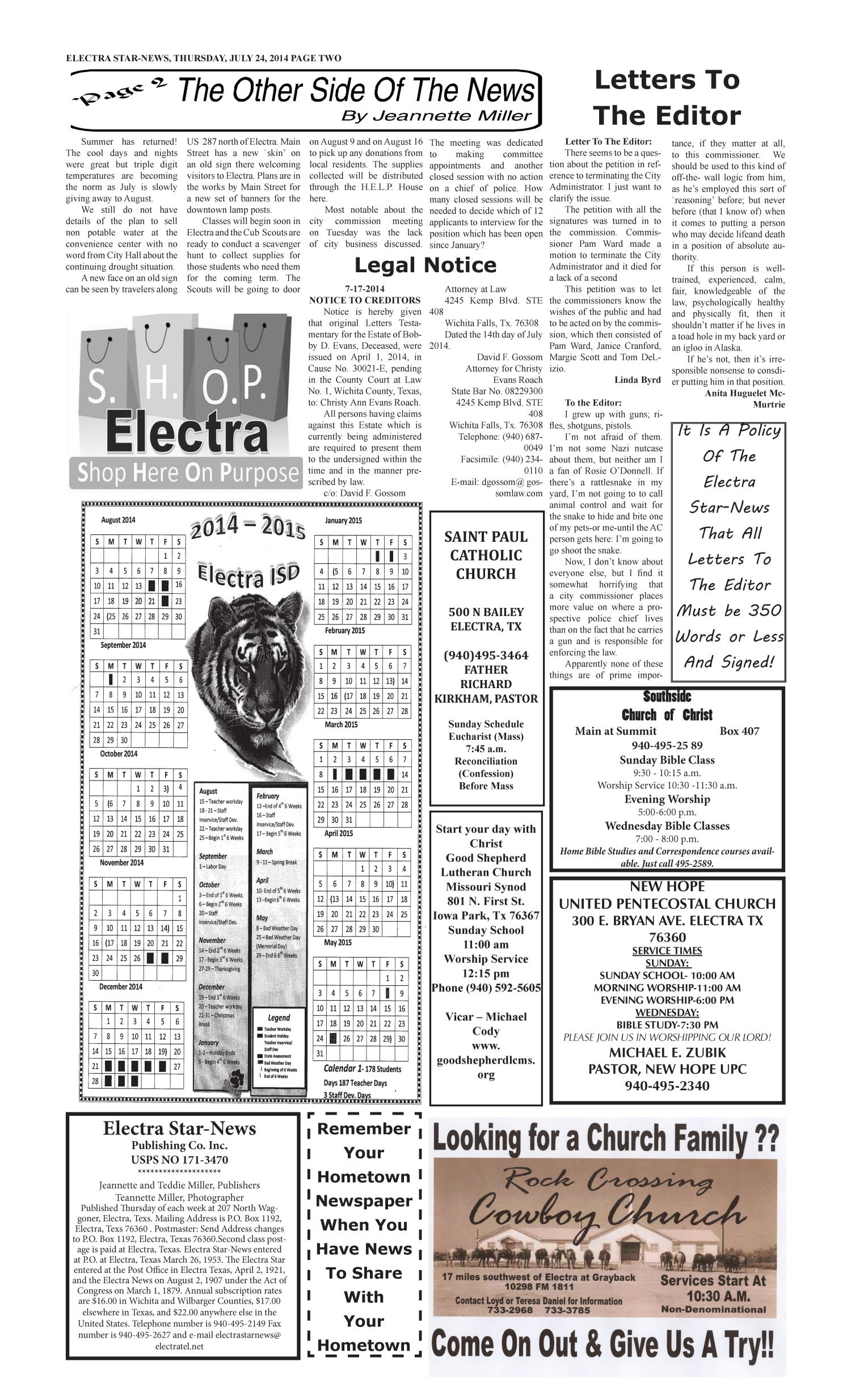 Electra Star-News (Electra, Tex.), Vol. 107, No. 47, Ed. 1 Thursday, July 24, 2014
                                                
                                                    [Sequence #]: 2 of 8
                                                