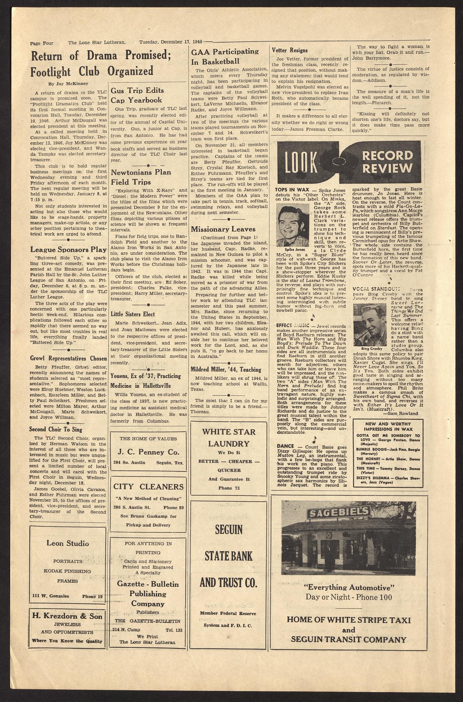 The Lone Star Lutheran (Seguin, Tex.), Vol. 28, No. 3, Ed. 1 Tuesday, December 17, 1946
                                                
                                                    [Sequence #]: 4 of 4
                                                
