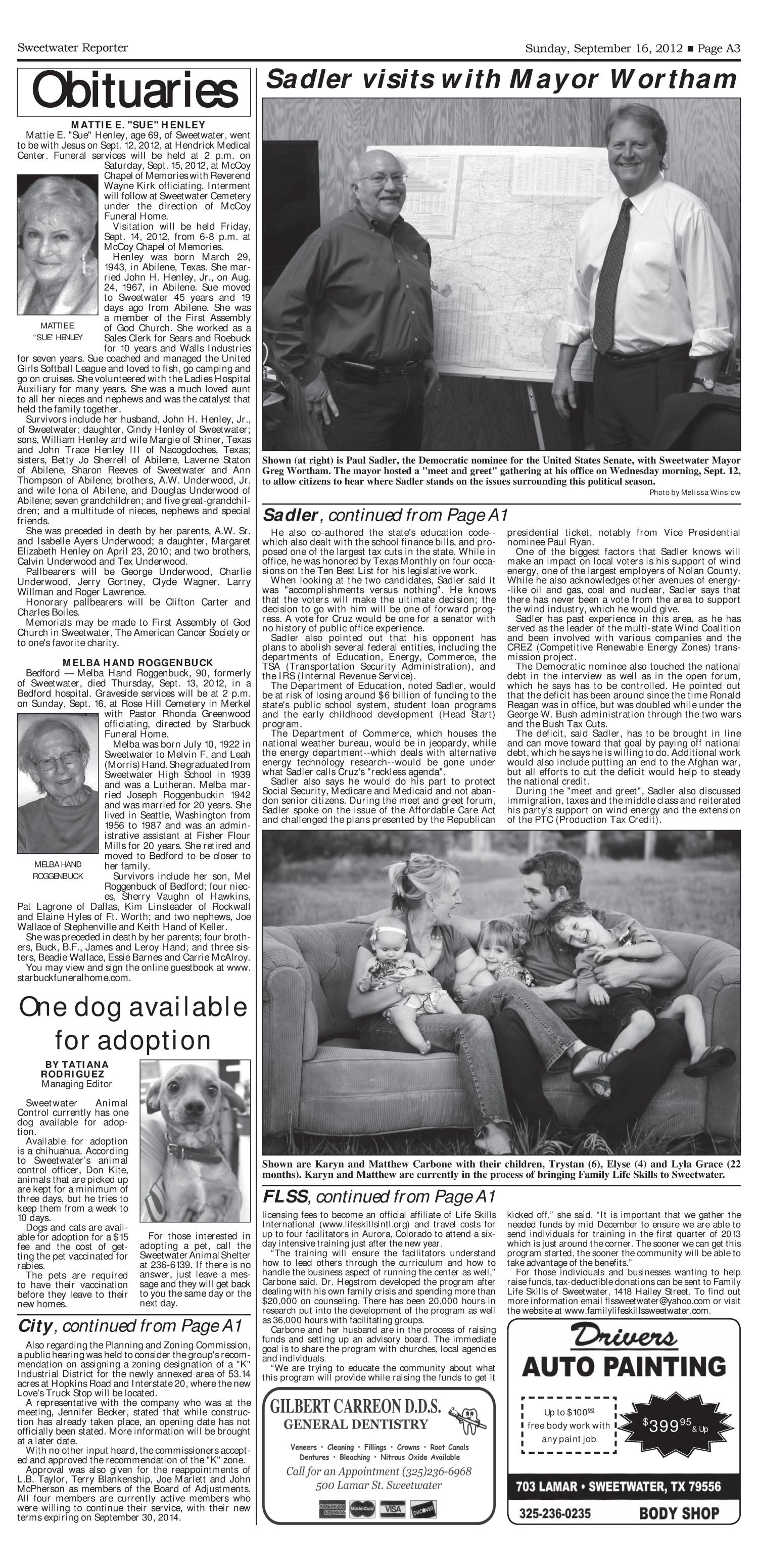 Sweetwater Reporter (Sweetwater, Tex.), Vol. 114, No. 207, Ed. 1 Sunday, September 16, 2012
                                                
                                                    [Sequence #]: 3 of 20
                                                