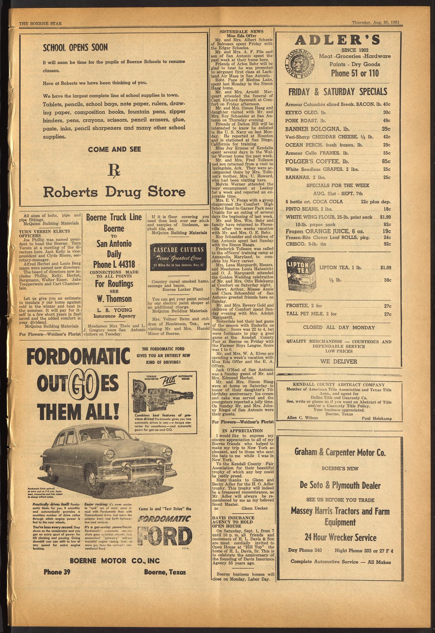 The Boerne Star (Boerne, Tex.), Vol. 46, No. 38, Ed. 1 Thursday, August 30, 1951
                                                
                                                    [Sequence #]: 3 of 8
                                                