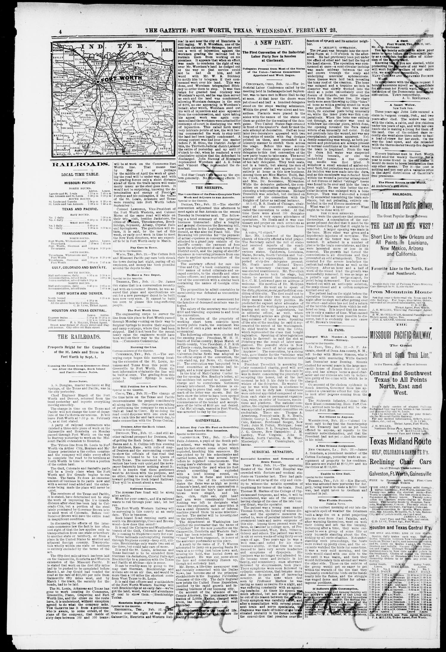 Fort Worth Daily Gazette. (Fort Worth, Tex.), Vol. 12, No. 207, Ed. 1, Wednesday, February 23, 1887
                                                
                                                    [Sequence #]: 4 of 8
                                                