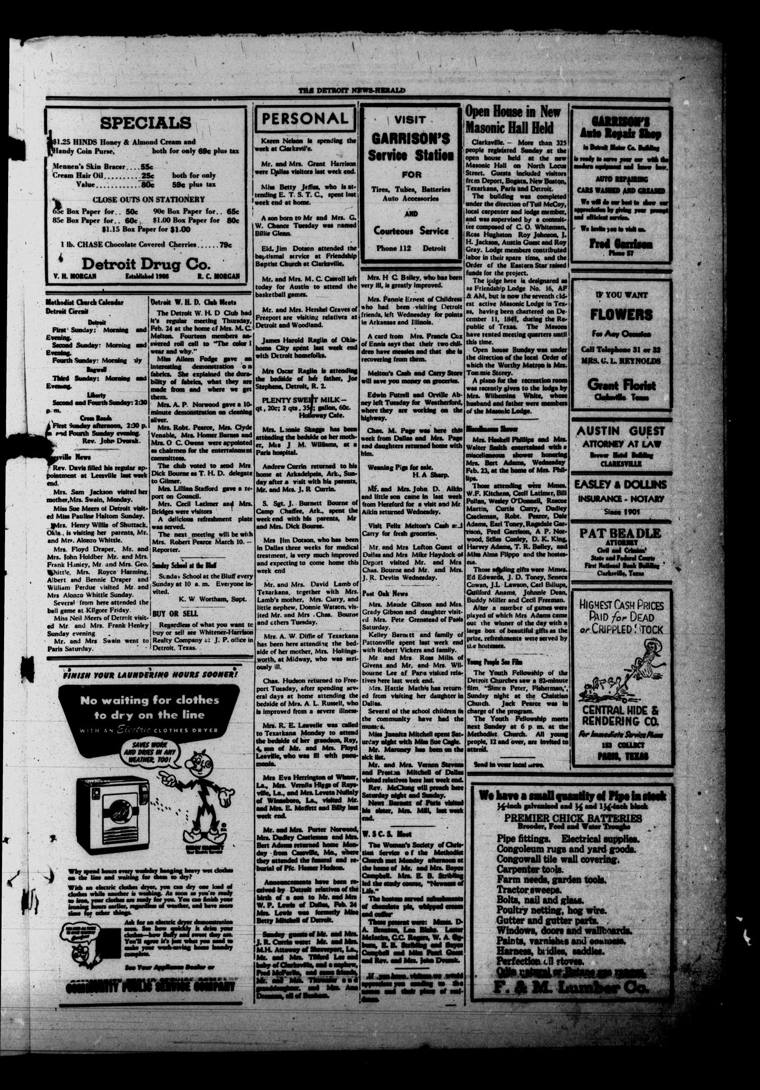 The Detroit News-Herald (Detroit, Tex.), Vol. 20, No. 48, Ed. 1 Thursday, March 3, 1949
                                                
                                                    [Sequence #]: 3 of 4
                                                