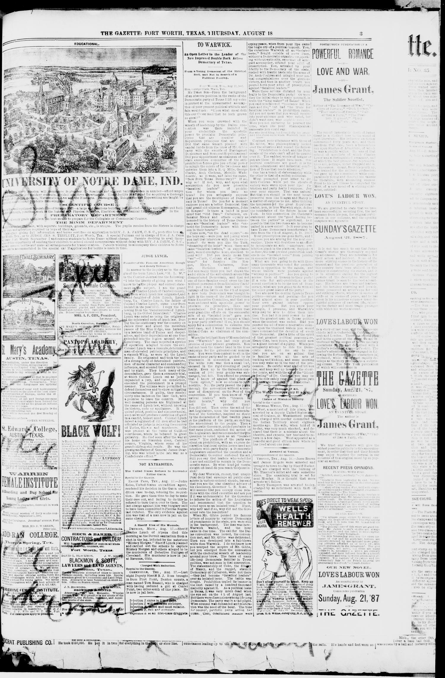 Fort Worth Daily Gazette. (Fort Worth, Tex.), Vol. 13, No. 16, Ed. 1, Thursday, August 18, 1887
                                                
                                                    [Sequence #]: 3 of 8
                                                