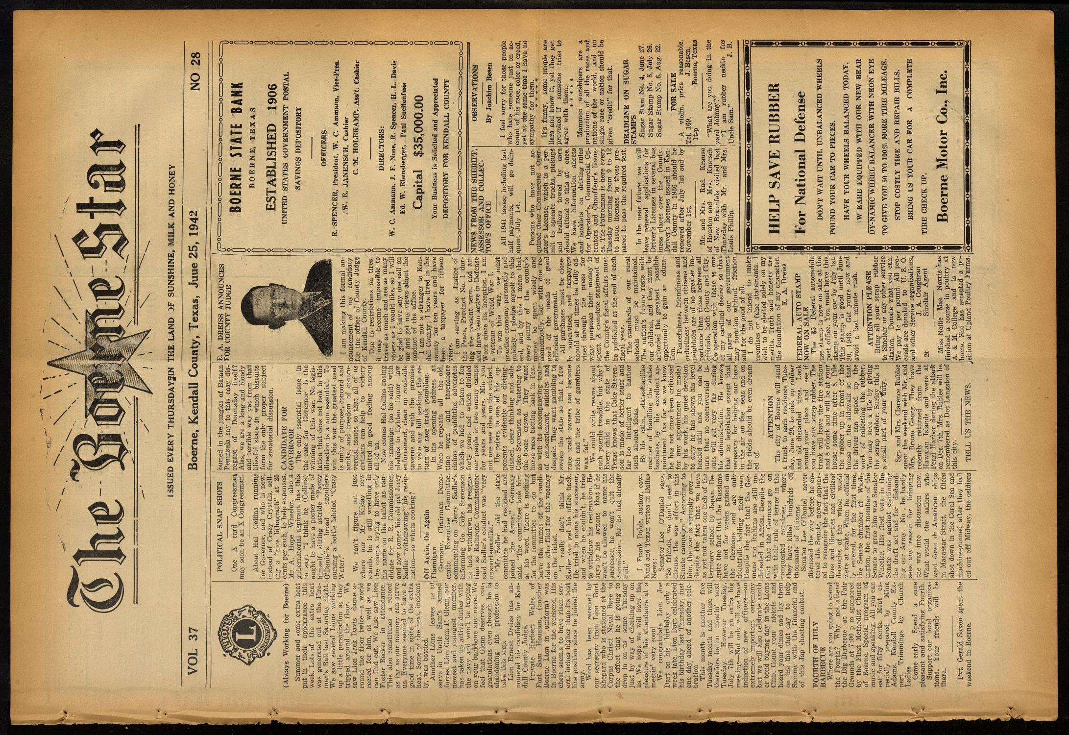 The Boerne Star (Boerne, Tex.), Vol. 37, No. 28, Ed. 1 Thursday, June 25, 1942
                                                
                                                    [Sequence #]: 1 of 4
                                                