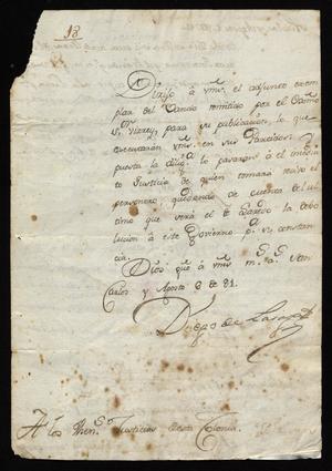 Primary view of [Message from Diego de Lasaga to Justicias in the Colony]