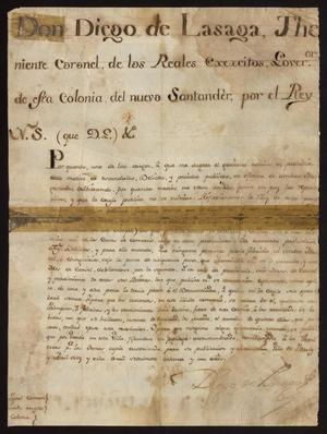 Primary view of [Decree from Governor Diego de Lasaga]
