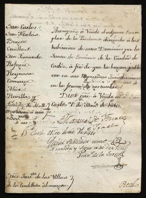 Primary view of object titled '[Announcement from Manuel de Iturbe to Spanish Justicias]'.