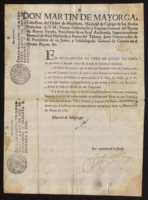 Primary view of object titled '[Decree from Viceroy Martín de Mayorga Ferrer]'.