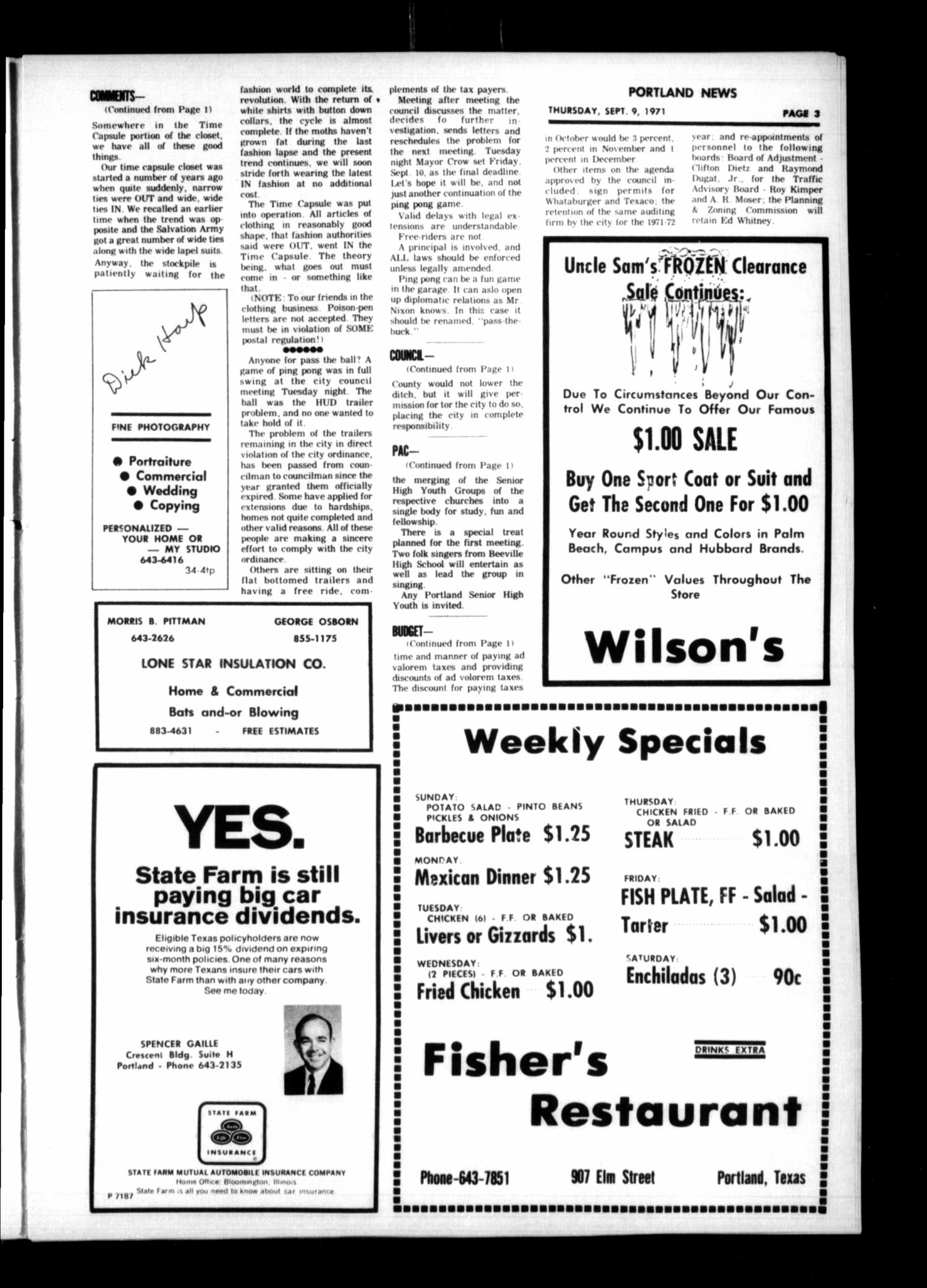 Portland News (Portland, Tex.), Vol. 6, No. 46, Ed. 1 Thursday, September 9, 1971
                                                
                                                    [Sequence #]: 3 of 15
                                                