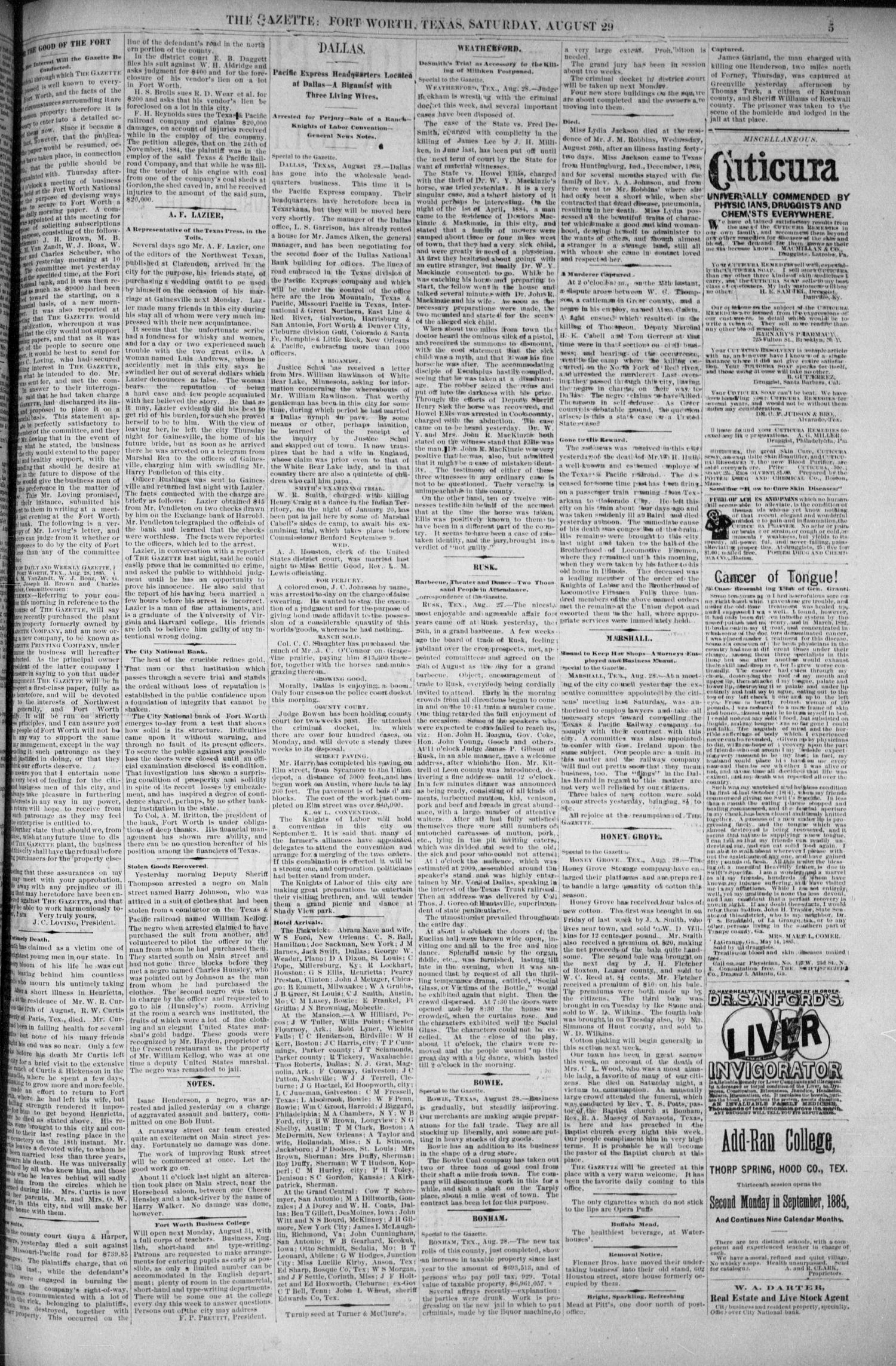 Fort Worth Daily Gazette. (Fort Worth, Tex.), Vol. 11, No. 32, Ed. 1, Saturday, August 29, 1885
                                                
                                                    [Sequence #]: 5 of 8
                                                
