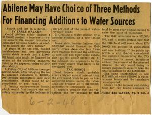 Primary view of object titled '[Clipping: Abilene May Have Choice of Three Methods For Financing Additions to Water Sources]'.