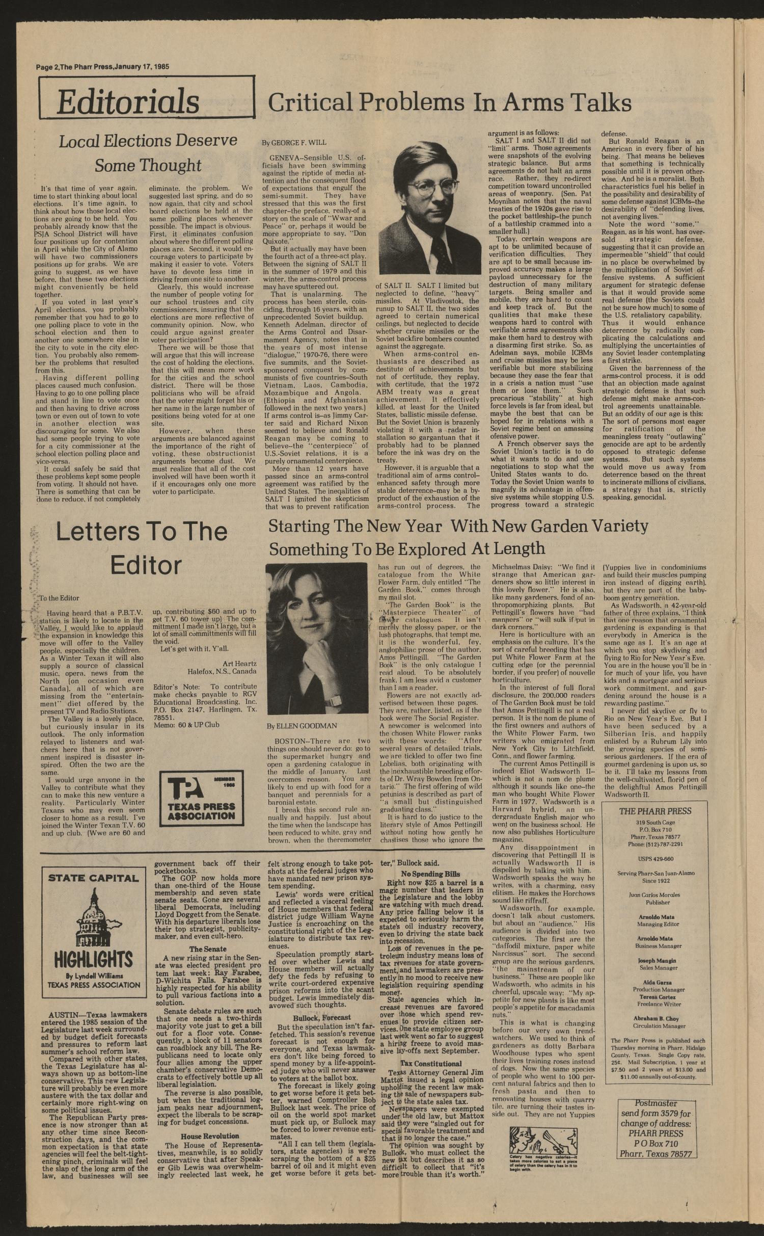 The Pharr Press (Pharr, Tex.), Vol. 63, No. 3, Ed. 1 Thursday, January 17, 1985
                                                
                                                    [Sequence #]: 2 of 10
                                                