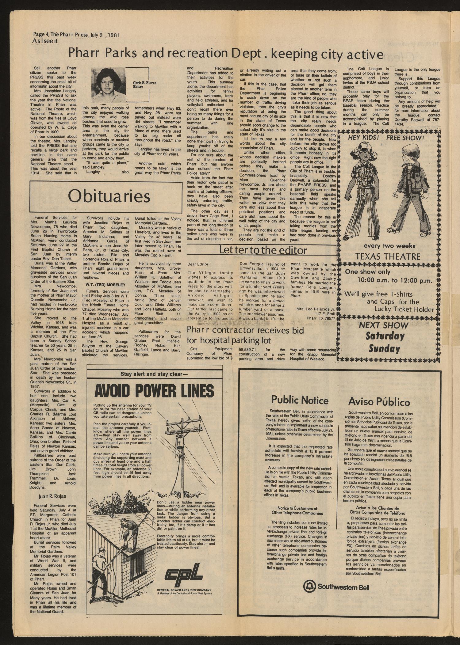 The Pharr Press (Pharr, Tex.), Vol. 49, No. 24, Ed. 1 Thursday, July 9, 1981
                                                
                                                    [Sequence #]: 4 of 10
                                                