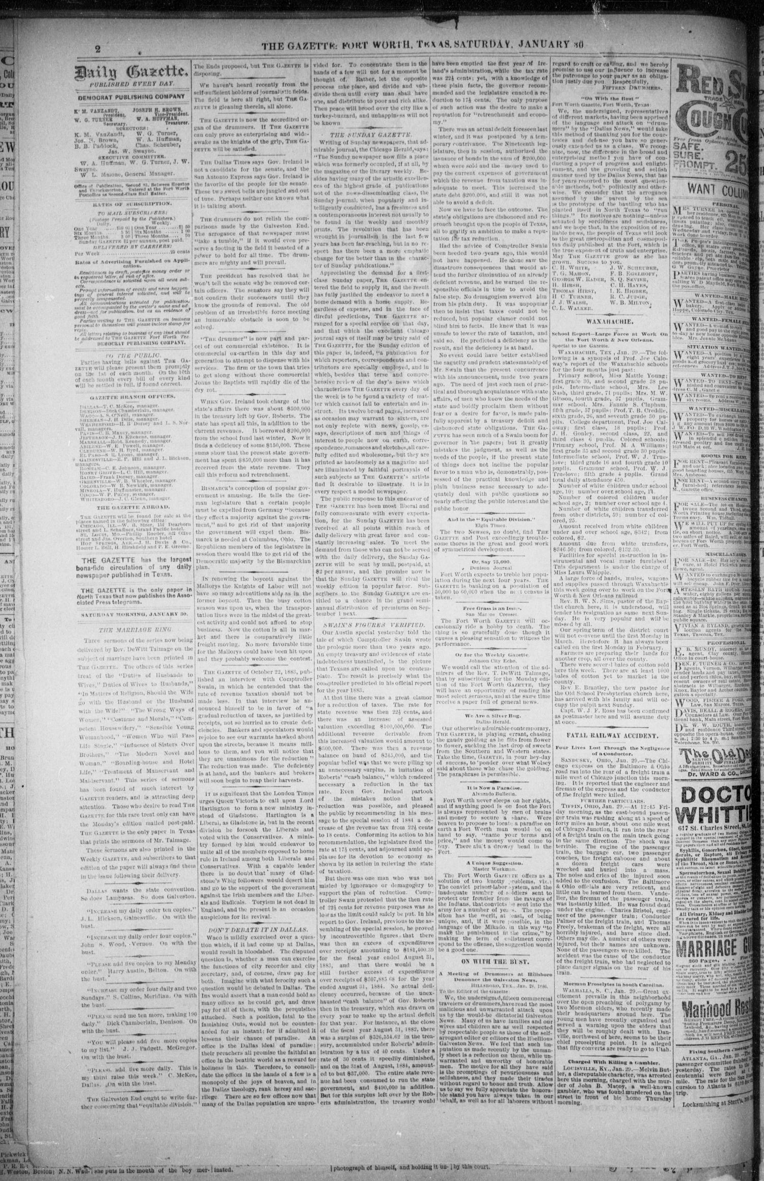 Fort Worth Daily Gazette. (Fort Worth, Tex.), Vol. 11, No. 185, Ed. 1, Saturday, January 30, 1886
                                                
                                                    [Sequence #]: 2 of 8
                                                