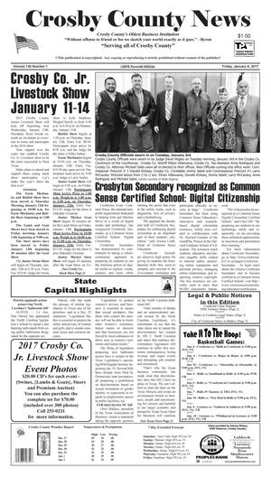Primary view of object titled 'Crosby County News (Ralls, Tex.), Vol. 130, No. 1, Ed. 1 Friday, January 6, 2017'.