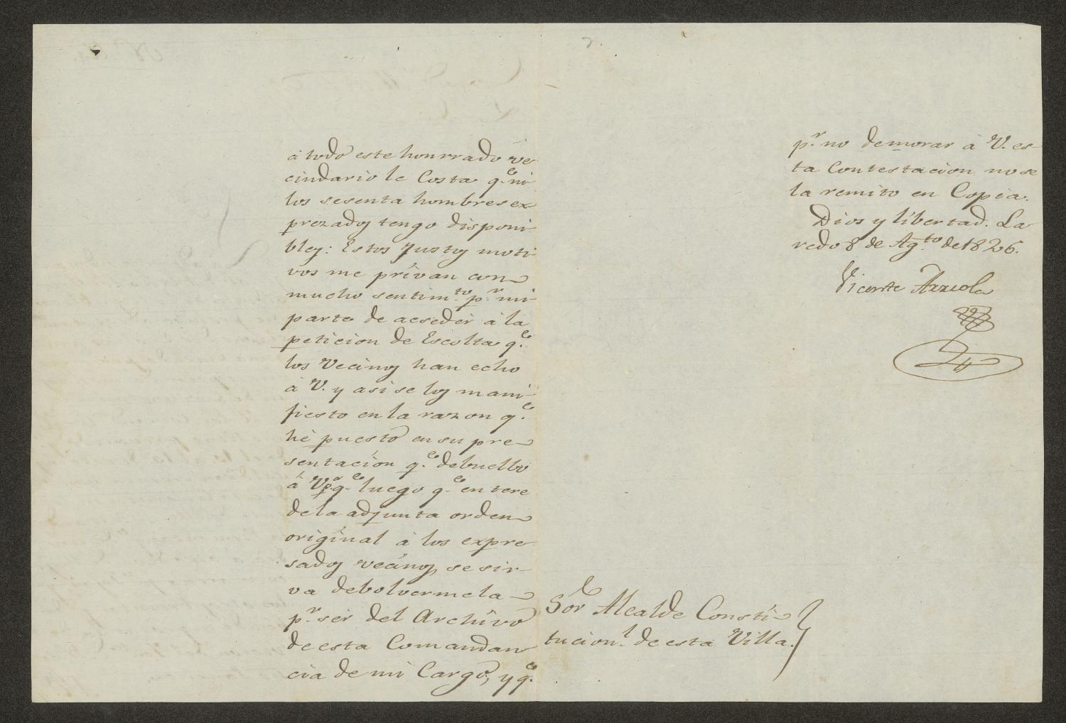 [Letter from Vicente Arriola to the Laredo Alcalde, August 8, 1826]
                                                
                                                    [Sequence #]: 2 of 3
                                                