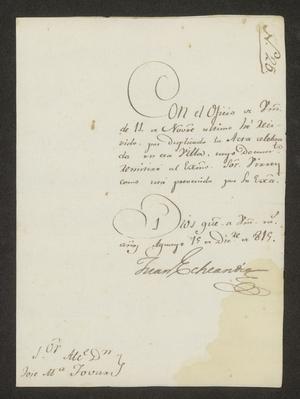 Primary view of [Message from Juan Echeandía to José María Tovar in Laredo, December 15, 1815]