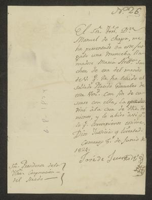 Primary view of object titled '[Letter from José de Jesús Rodríguez to the Presidente of the Ayuntamiento, June 8, 1824]'.