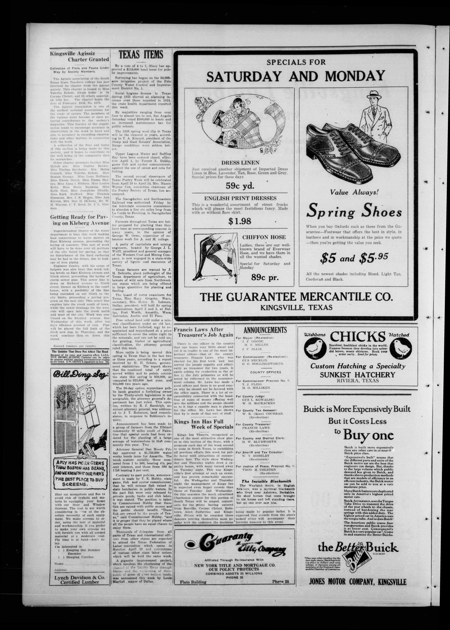 The Kingsville Record (Kingsville, Tex.), Vol. 19, No. 31, Ed. 1 Wednesday, March 24, 1926
                                                
                                                    [Sequence #]: 4 of 12
                                                