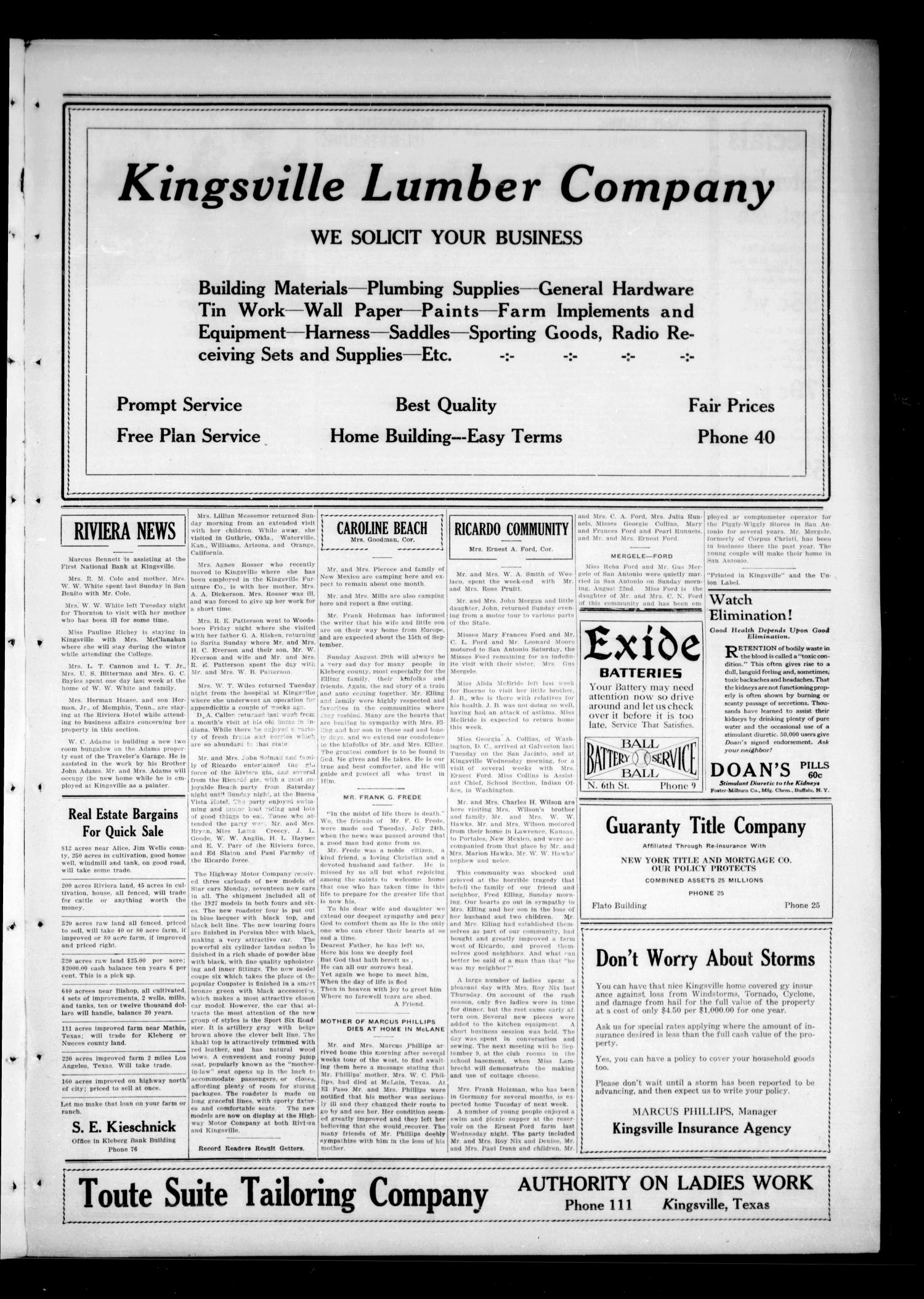 The Kingsville Record (Kingsville, Tex.), Vol. 20, No. 2, Ed. 1 Wednesday, September 1, 1926
                                                
                                                    [Sequence #]: 3 of 12
                                                