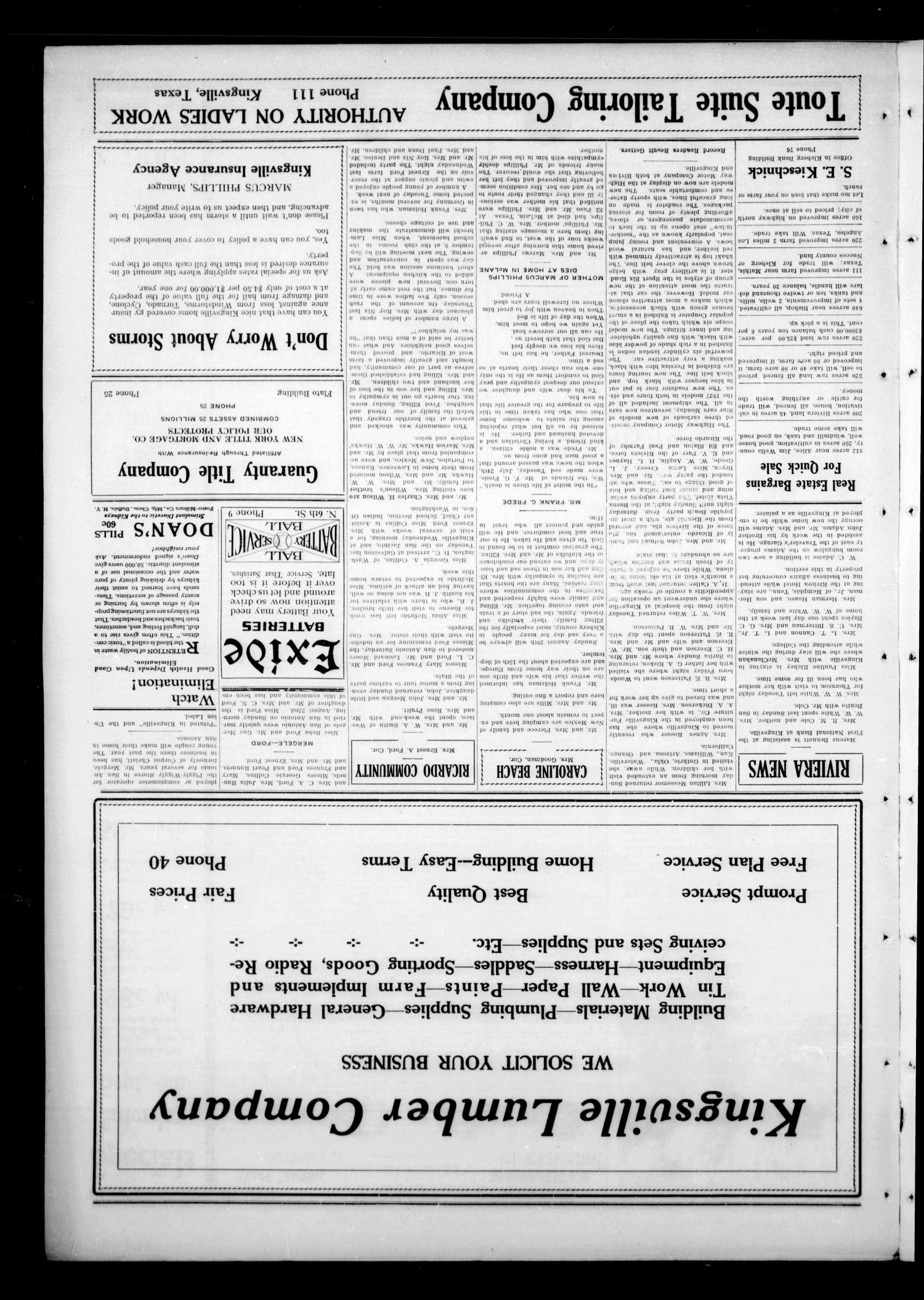 The Kingsville Record (Kingsville, Tex.), Vol. 20, No. 2, Ed. 1 Wednesday, September 1, 1926
                                                
                                                    [Sequence #]: 3 of 12
                                                