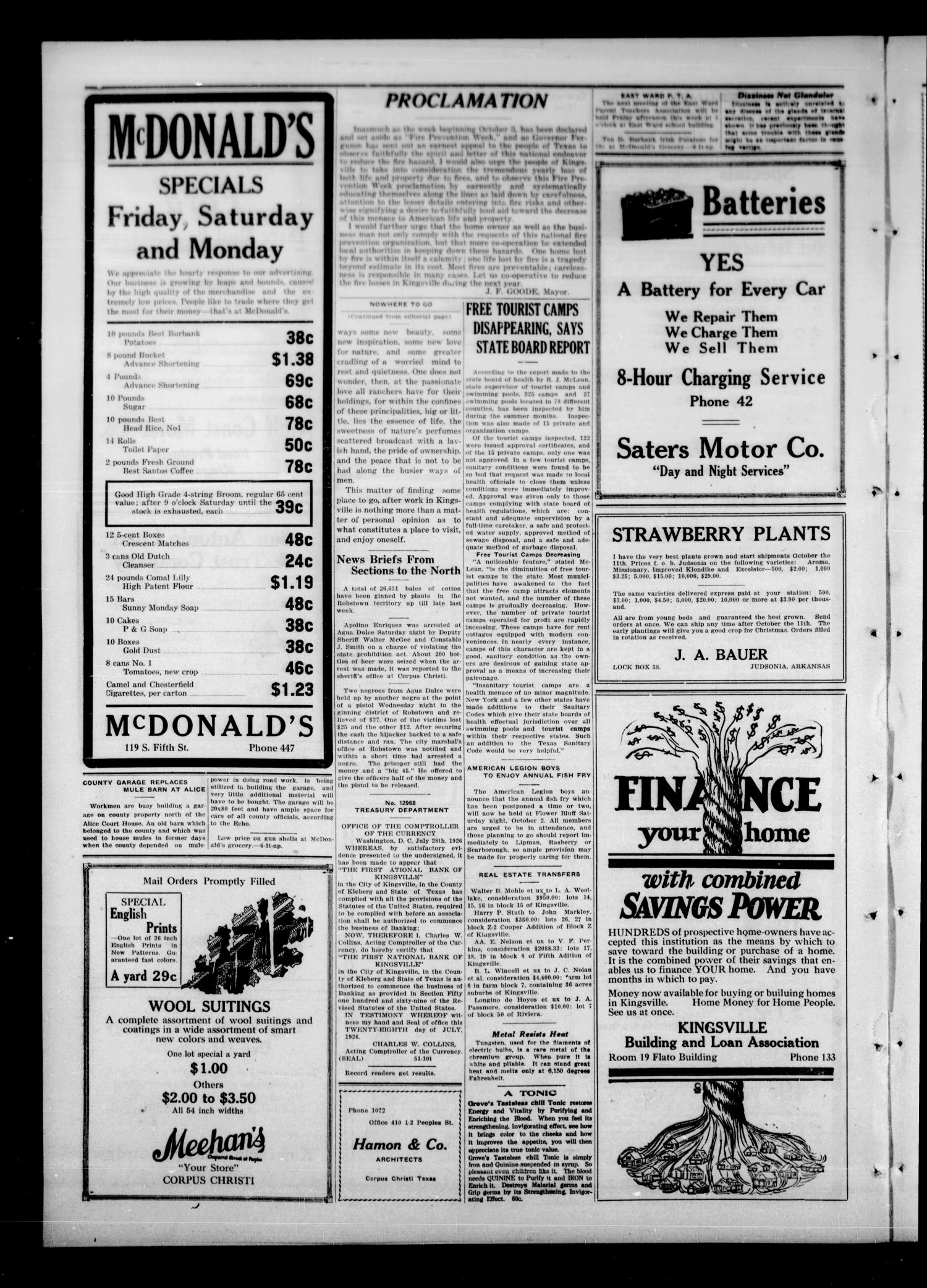 The Kingsville Record (Kingsville, Tex.), Vol. 20, No. 6, Ed. 1 Tuesday, September 28, 1926
                                                
                                                    [Sequence #]: 12 of 14
                                                