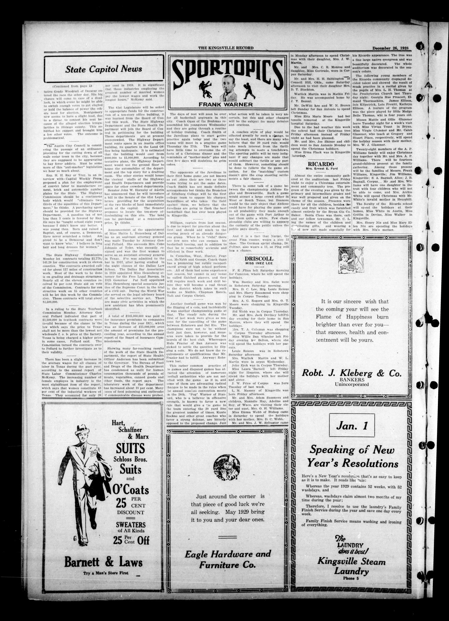 The Kingsville Record (Kingsville, Tex.), Vol. 22, No. 19, Ed. 1 Wednesday, December 26, 1928
                                                
                                                    [Sequence #]: 2 of 12
                                                