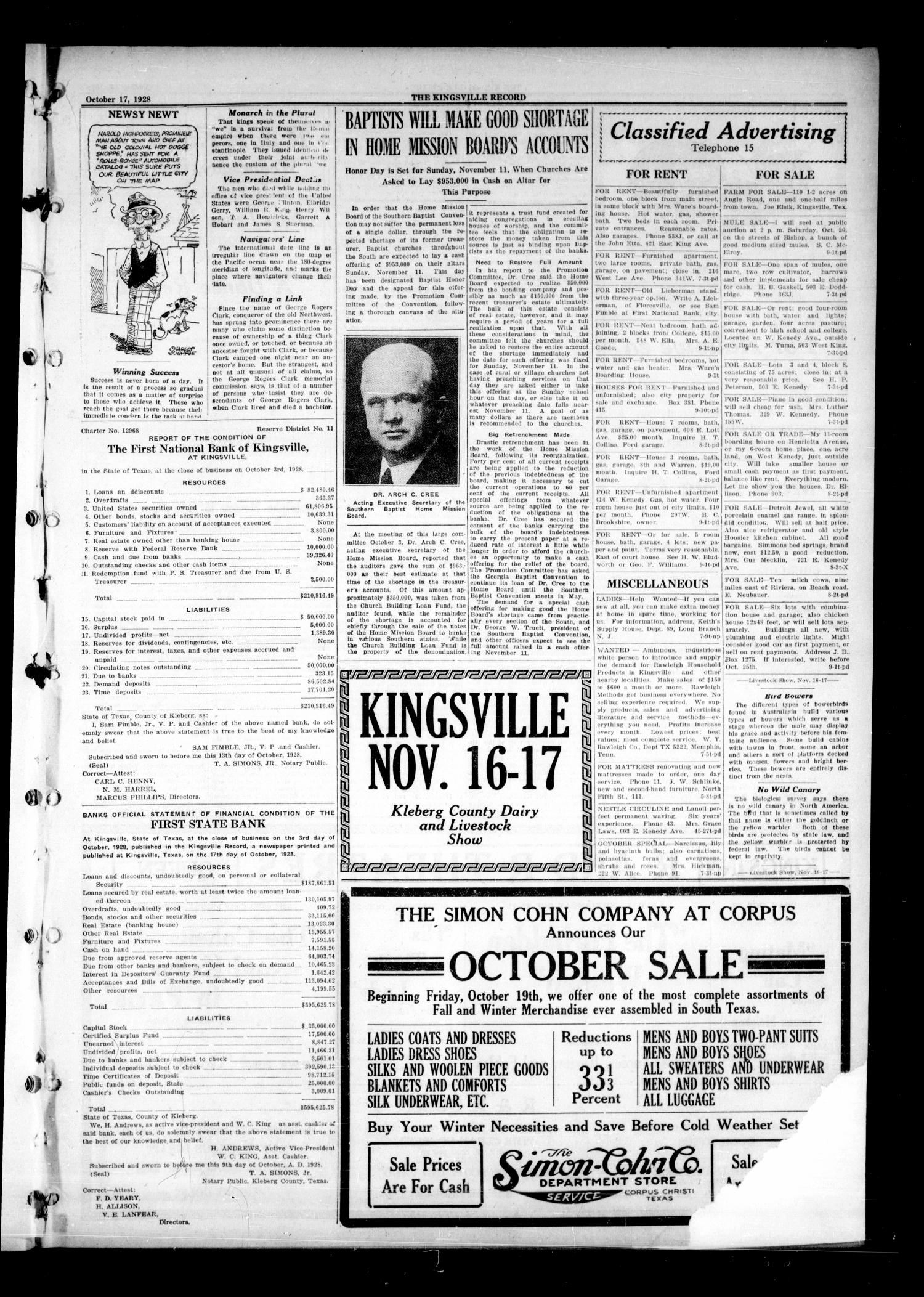 The Kingsville Record (Kingsville, Tex.), Vol. 22, No. 9, Ed. 1 Wednesday, October 17, 1928
                                                
                                                    [Sequence #]: 9 of 17
                                                