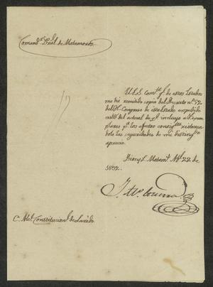 Primary view of object titled '[Letter from Juan Manuel Guerra to the Laredo Alcalde, April 22, 1836]'.