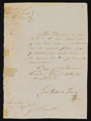 Primary view of object titled '[Letter from José Antonio Flores to the Laredo Justice of the Peace, September 19, 1838]'.