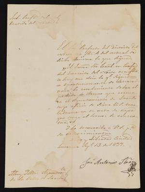 Primary view of object titled '[Letter from José Antonio Flores to the Laredo Alcalde, September 13, 1837]'.