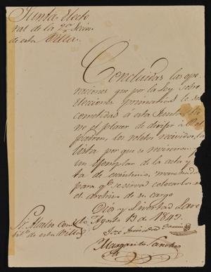 Primary view of object titled '[Letter from the Laredo Alcalde to the Department Prefect, August 13, 1843]'.