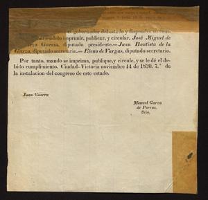 Primary view of object titled '[Partial Statement from the Congress of Tamaulipas]'.