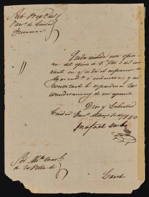 Primary view of object titled '[Letter from Rafael Uribe to the Laredo Alcalde, May 1, 1843]'.