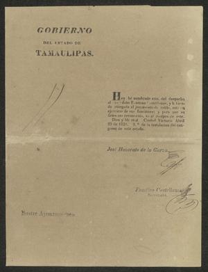 Primary view of object titled '[Letter from José Honorato de la Garza to the Laredo Ayuntamiento, April 23, 1832]'.