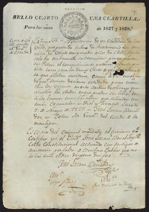 Primary view of object titled '[Copy of a Letter from the Laredo Alcalde to the Governor of Tamaulipas, May 3, 1827]'.