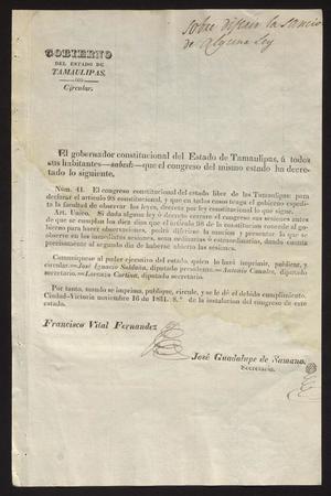 Primary view of [Printed Circular #41 from Governor Fernandez]