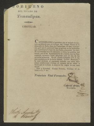 Primary view of object titled '[Printed Circular from the Governor of Tamaulipas to the Laredo Ayuntamiento, October 16, 1834]'.