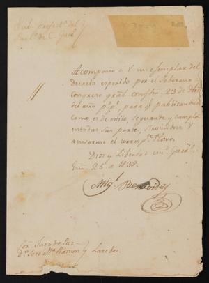 Primary view of [Letter from Miguel Benavides to the Justice of the Peace, January 26, 1838]