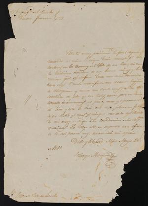 Primary view of object titled '[Letter from Policarzo Martinez to the Laredo Justice of the Peace, May 26, 1841]'.