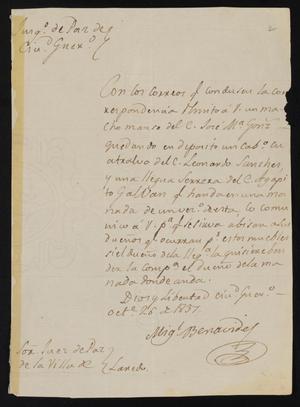 Primary view of object titled '[Letter from Miguel Benavides to the Laredo Justice of the Peace, October 26, 1837]'.