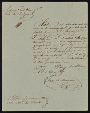 Primary view of [Letter from Juan Margan to the Laredo Ayuntamiento, April 24, 1844]