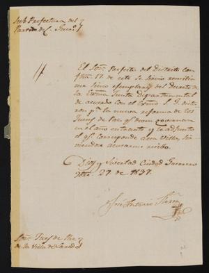 Primary view of object titled '[Letter from José Antonio Flores to the Laredo Justice of the Peace, November 29, 1837]'.