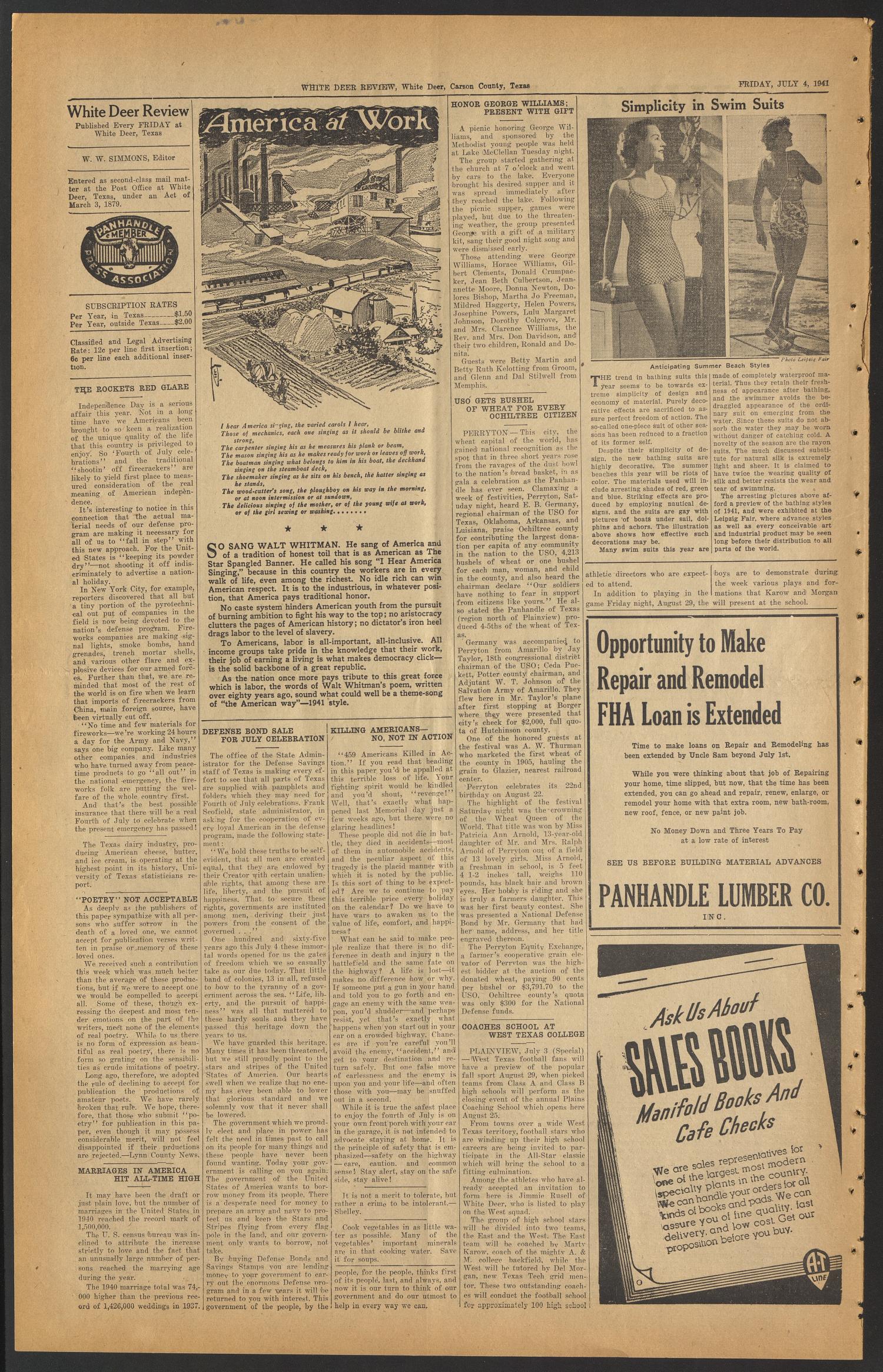 White Deer Review (White Deer, Tex.), Vol. 18, No. 18, Ed. 1 Friday, July 4, 1941
                                                
                                                    [Sequence #]: 2 of 4
                                                